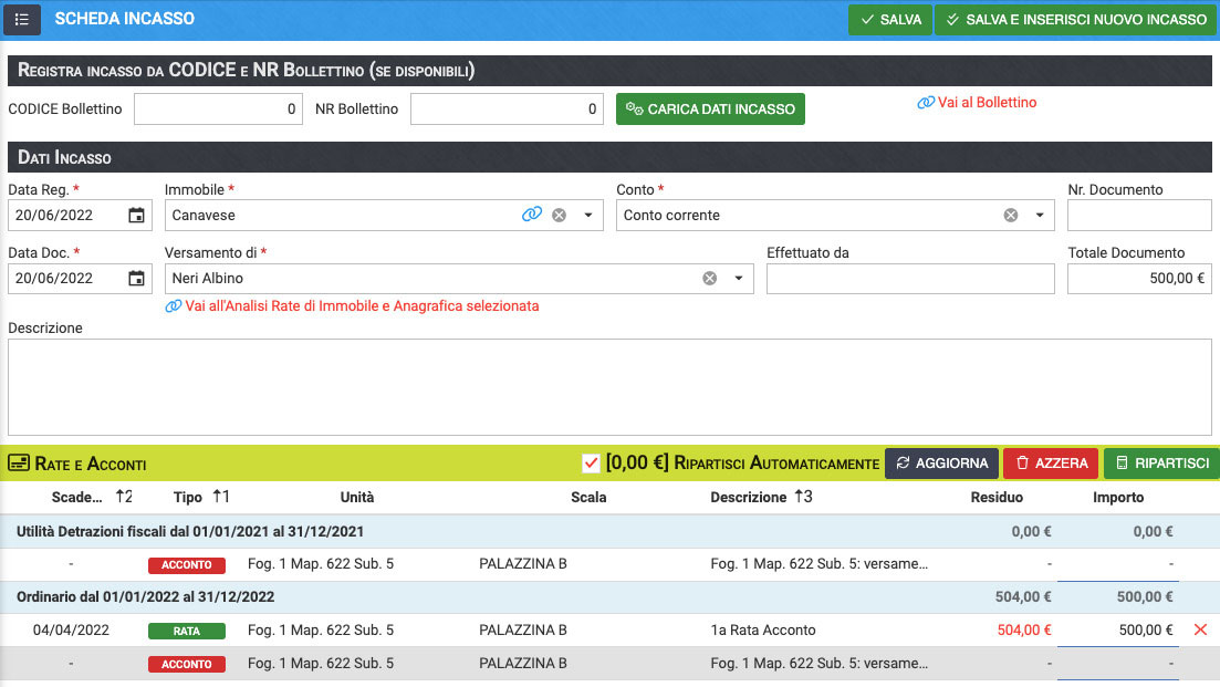 Registrazione incasso rate condominiali - Arcadia
