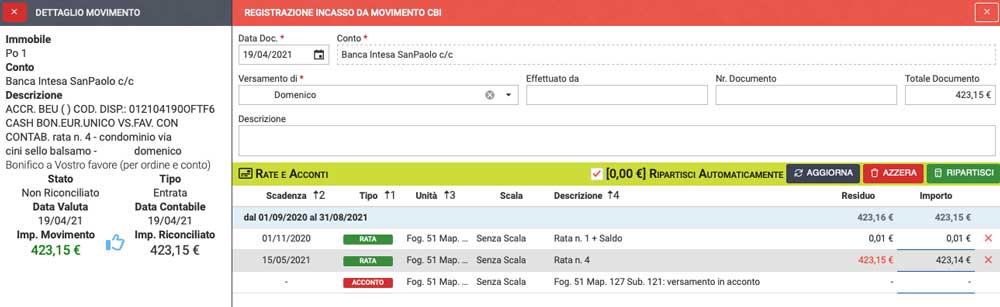 Emissione ed incasso rate condominiali con bonifico bancario - Arcadia