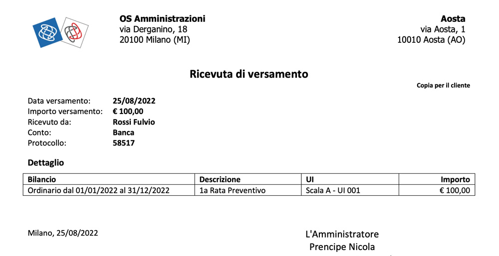 Ricevuta per utilizzo contanti nel condominio per versamento rata - Arcadia