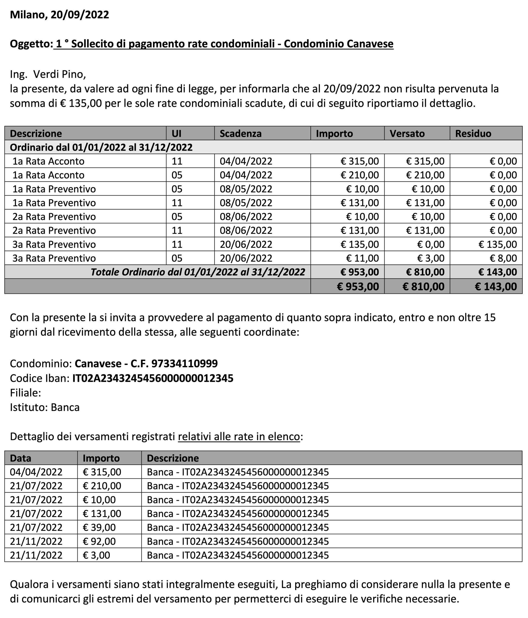 Sollecito condomino moroso - Arcadia