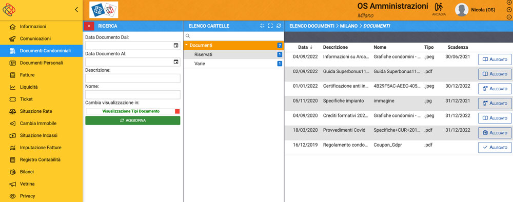 Archivio documenti del condominio sul portale web - Arcadia